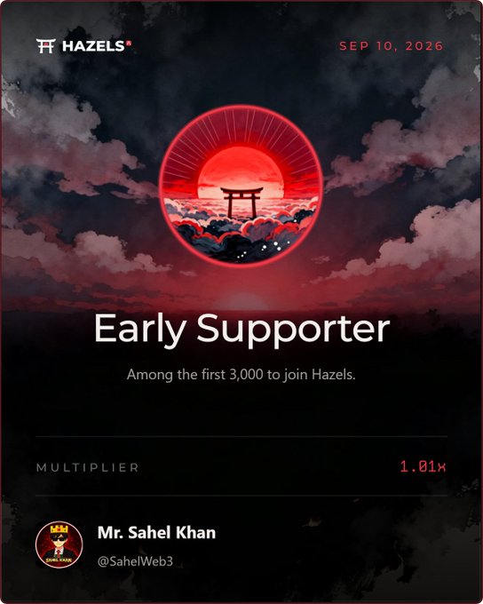 An 'Early Supporter' certificate from Hazels dated SEP 10, 2026, featuring a red torii gate and sun graphic, awarded to Mr. Sahel Khan (@SahelWeb3) with a 1.01x multiplier.