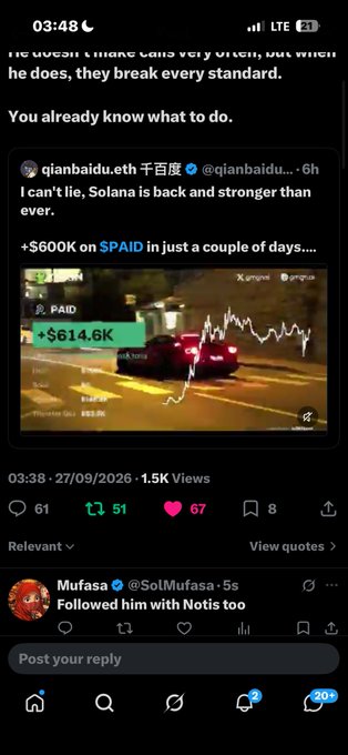 A Twitter/X post by @qianbaidu.eth about Solana crypto gains, featuring a chart showing '+$614.6K' with text 'Solana is back and stronger than ever' and '+$600K on $PAID in just a couple of days....'