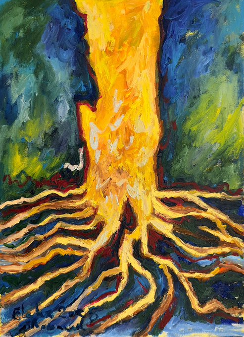 An expressive painting depicting a bright yellow-orange tree trunk with sprawling roots against a dark blue and green background, marked with the signature 'Fadiyah.'