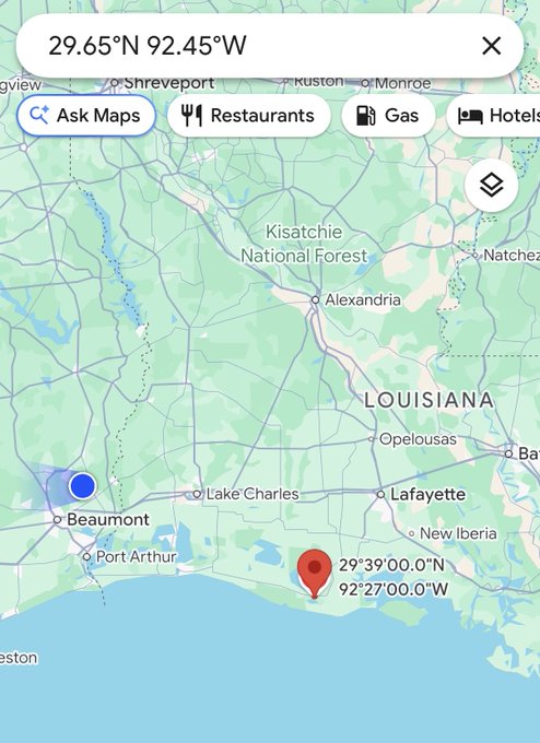 A Google Maps screenshot showing the coordinates 29°39'00.0"N 92°27'00.0W, pinpointing Starbase Louisiana's location near Beaumont, Texas and the Louisiana Gulf Coast, just 141 miles from the poster's home as referenced in the caption.