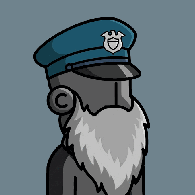 A digital illustration of a robot or metallic character wearing a blue military-style officer's cap with a badge and a black visor, featuring a grey metallic face and a fluffy white beard.