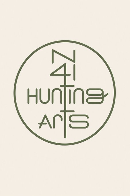 A minimalist logo features a circular design with green text reading 'HUNTING ARTS' arranged around a central cross-like symbol, with 'N41' at the top, all set on a cream background.