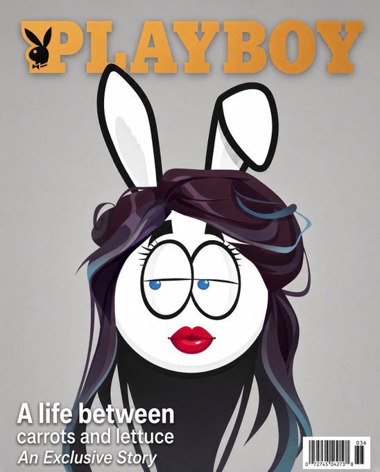 A Playboy magazine cover parody reading 'PPLAYBOY' featuring a cartoon rabbit-like character with long dark hair, droopy eyes, and red lips, with tagline 'A life between carrots and lettuce — An Exclusive Story'.