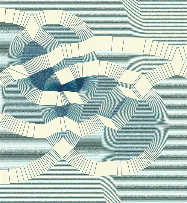 An abstract geometric artwork composed of layered, parallel teal lines creating topographic or three-dimensional patterns against a cream background.
