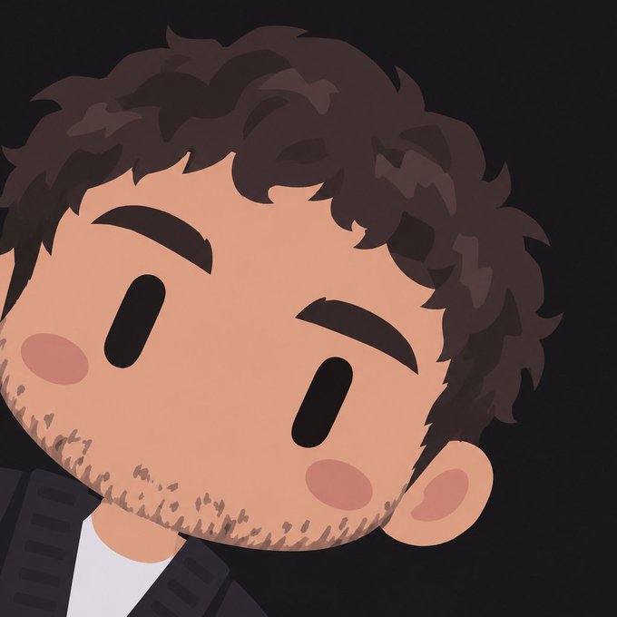 A simple cartoon avatar of a person with curly brown hair, stubble beard, rosy cheeks, and dark oval eyes against a black background, wearing a dark jacket.