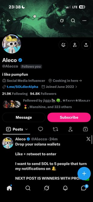 A Twitter/X profile for Alecco (@Alecco) shows 94.8K followers with a recent tweet reading 'Drop your solana wallets / Like + retweet to enter / I want to send SOL to 5 people that turn my notifications on.'