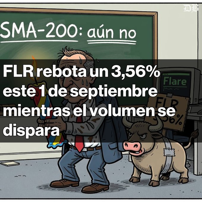 Cartoon image showing a sweaty man holding a rocket next to a bull, with text 'SMA-200: aún no' on the chalkboard and overlay text 'FLR rebota un 3,56% este 1 de septiembre mientras el volumen se dispara' discussing FLR stock performance.