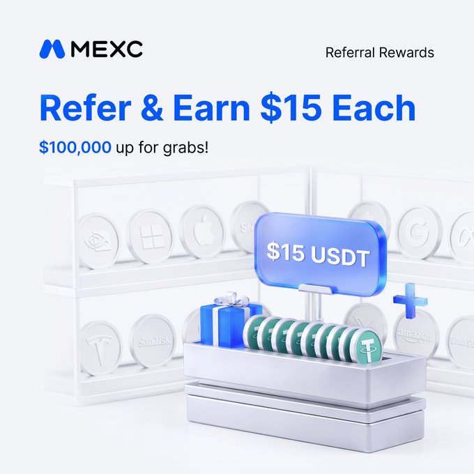 A MEXC promotional graphic with the text 'Referral Rewards - Refer & Earn $15 Each - $100,000 up for grabs!' and '$15 USDT' displayed on a screen.