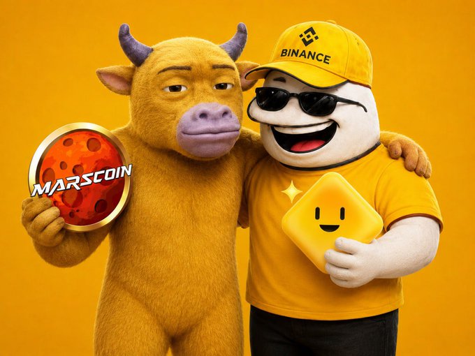 Two animated characters pose together against an orange background: a fluffy cow holding a coin labeled "MARSCOIN" and a smiling figure wearing a "BINANCE" cap, sunglasses, and a yellow shirt while holding a diamond-shaped smiling emoji (representing FLORK Bibi). The image visually pairs the MARSCOIN mascot with the FLORK/Bibi meme character to reinforce the post's playful suggestion that this bull-themed crypto combination is "priceless."