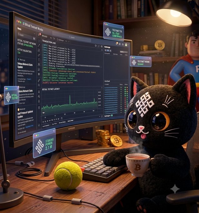 A digital artwork showing a black cat with a QR code on its forehead sitting at a desk with Bitcoin-related items, a monitor displaying Testnet staking operations, and a coffee mug with the Bitcoin logo.