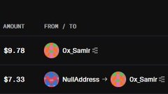 A transaction history showing a $9.78 payment from 0x_Samir and a $7.33 incoming payment from NullAddress to 0x_Samir.