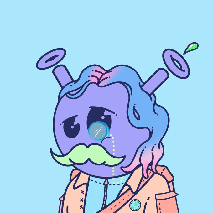A cartoon illustration features a purple and pink melting character with a green mustache, wearing an orange jacket and topped with floating ring antennas.