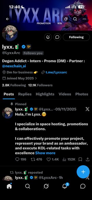 Twitter/X profile for @LyxxArc, a 'Degen Addict - Intern - Promo (DM) - Partner' at @nexchain.ai, offering space hosting, promotions, and collaborations with 2.8K Following and 12.1K Followers.