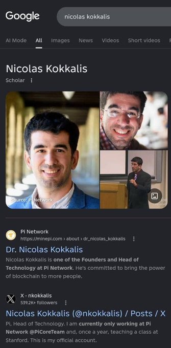 A Google search results page for 'nicolas kokkalis' showing the Stanford scholar and Pi Network founder, including his profile picture and links to his X (Twitter) account and Pi Network profile.