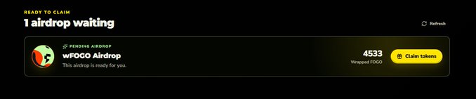 A crypto airdrop claim page showing 4,533 wFOGO Airdrop (Wrapped FOGO) tokens ready to claim with a yellow 'Claim tokens' button.
