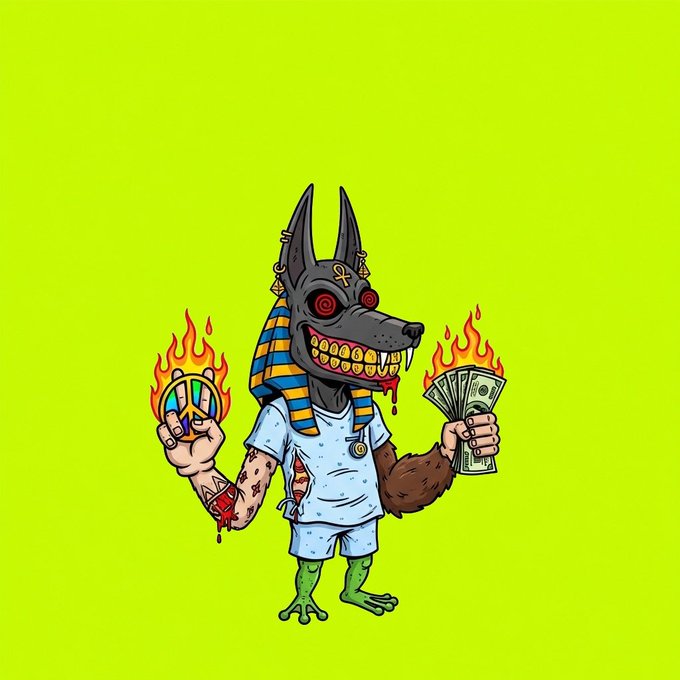 A cartoon illustration of Anubis, the Egyptian god of the dead, depicted as a tattooed figure in pajamas holding flaming gambling chips in one hand and cash in the other against a bright yellow-green background.