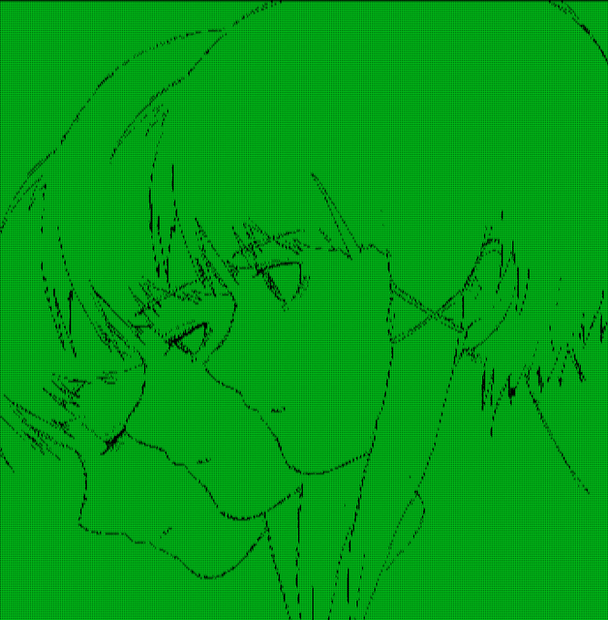 A stylized, dark line-art sketch of a cat-like character's face with pointed ears, rendered against a textured green background.