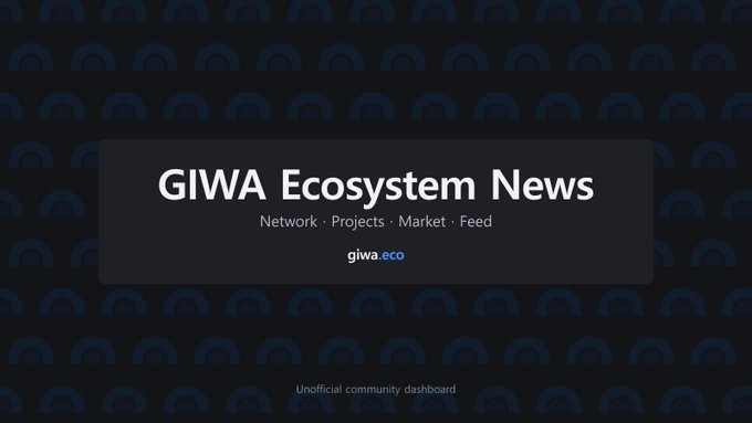 The image is a banner for "GIWA Ecosystem News" featuring a dark blue patterned background with the website "giwa.eco" and the subtitle "Network · Projects · Market · Feed," along with the label "Unofficial community dashboard" at the bottom. It serves as a header graphic promoting an August 31 update about projects in the GIWA ecosystem, including the Ariwa raffle/game/token app update and the launch of Vitlane agentic commerce (VITe).