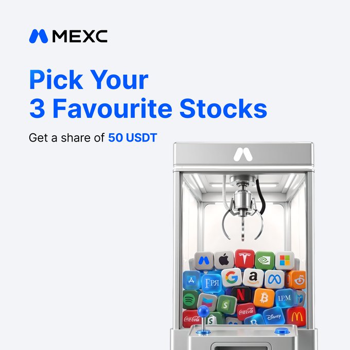 A promotional image for MEXC's "0808: Stock Season" campaign featuring the headline "Pick Your 3 Favourite Stocks" with an offer to "Get a share of 50 USDT," alongside a claw machine filled with branded cubes displaying recognizable logos like Apple, Tesla, Google, Amazon, Microsoft, Coca-Cola, Netflix, and others. The visual cleverly ties into the post's theme by depicting a claw machine game where users select their three favorite stock company logos to win a share of the $50 USDT prize.