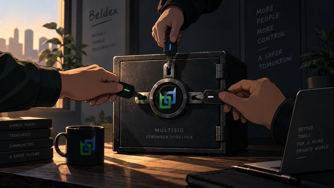 A digital illustration for 'Beldex' shows hands inserting devices into a 'MULTISIG' safe labeled 'STRONGER TOGETHER', with text including 'MORE PEOPLE MORE CONTROL A SAFER TOMORROW' and 'PRIVACY, PEOPLE, POSSIBILITIES'.