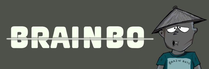 The image shows a cartoon character wearing a conical hat and a teal shirt reading "BRAIN BOIS," alongside the bold text "BRAINBO." It visually represents the BrainboNFT collection featured in the giveaway, matching the post's description of hand-drawn, quirky characters.