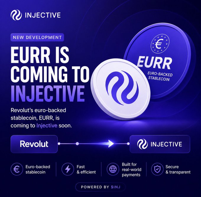 Promotional graphic announcing 'EURR IS COMING TO INJECTIVE' featuring the Injective and Revolut logos, describing EURR as a euro-backed stablecoin that is fast, efficient, secure, and built for real-world payments, powered by SINJ.