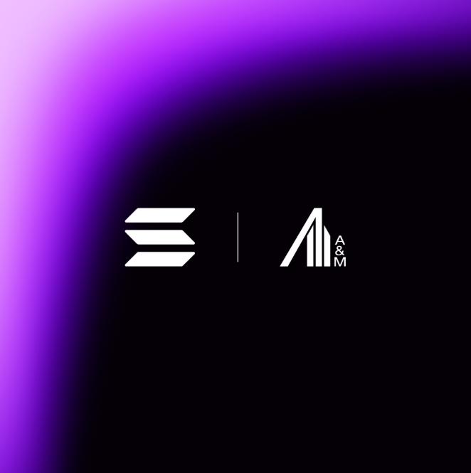The image features a purple and black gradient background with two white logos side by side: a stylized "S" symbol (Solana) on the left and the "A&M" (Alvarez & Marsal) logo on the right, separated by a vertical line. This visual represents the partnership announcement, with the post highlighting that Alvarez & Marsal accepted its first client payment in USDC on Solana, underscoring the growing trend of businesses adopting stablecoin payments.