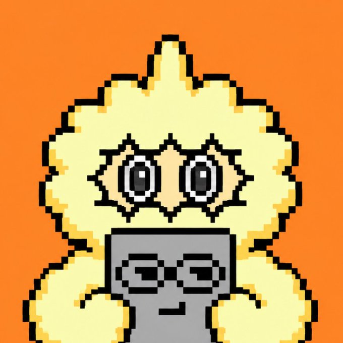 Pixel art of a yellow, star-shaped character wearing glasses holding a gray object with black glasses printed on it, set against an orange background.