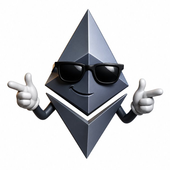 A 3D illustration of the Ethereum logo wearing black sunglasses and white cartoon gloves, pointing outward with both hands.
