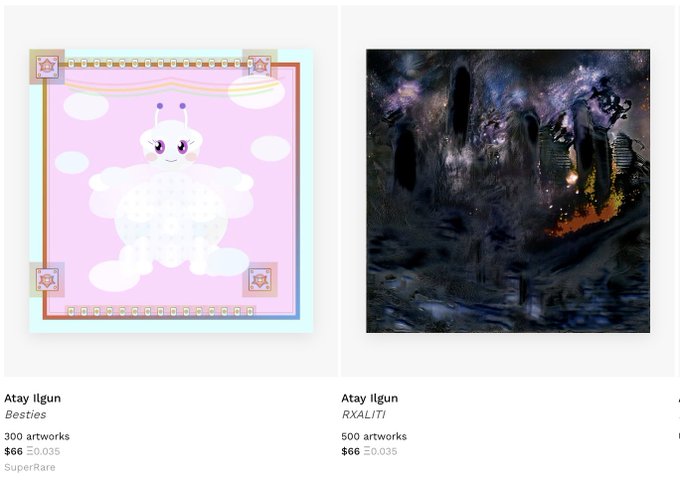 Two NFT artwork listings by Atay Ilgun displayed side-by-side: a pastel-colored kawaii creature called 'Besties' and a dark, detailed painting titled 'RXAL/TI'.