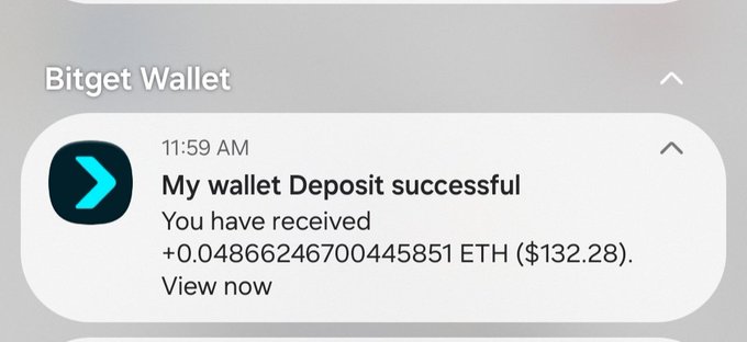 A Bitget Wallet notification at 11:59 AM confirms a successful deposit of +0.04866246700445851 ETH ($132.28), supporting the poster's excited claim about receiving free crypto funds.