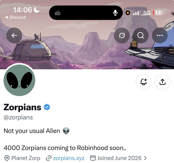 A Twitter/X profile screenshot for "Zorpians @zorpians" with the bio "Not your usual Alien 👽" and "4000 Zorpians coming to Robinhood soon..", showing a planet landscape banner and an alien avatar.