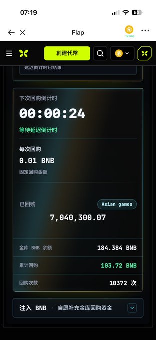 The image shows a Flap app interface tracking a BNB token buyback mechanism, displaying a countdown of 00:00:24 until the next buyback, with 0.01 BNB per buyback and 7,040,300.07 already repurchased (tagged "Asian games"), aligning with the post's mention of "Asian games" and its locked ecosystem tokens.