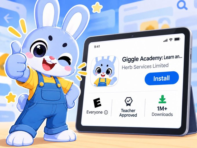 A promotional image for an app called 'Giggle Academy: Learn an...' by Herb Services Limited, featuring a cheerful cartoon blue bunny in overalls giving a thumbs-up next to a tablet displaying the app's 'Install' button, noting '1M+ Downloads' and 'Teacher Approved'.