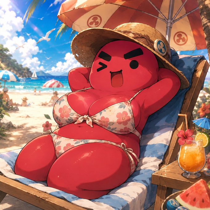An anime-style illustration of a chubby red character wearing a floral bikini and straw hat, relaxing on a beach chair under an umbrella with a tropical drink and watermelon slices nearby.