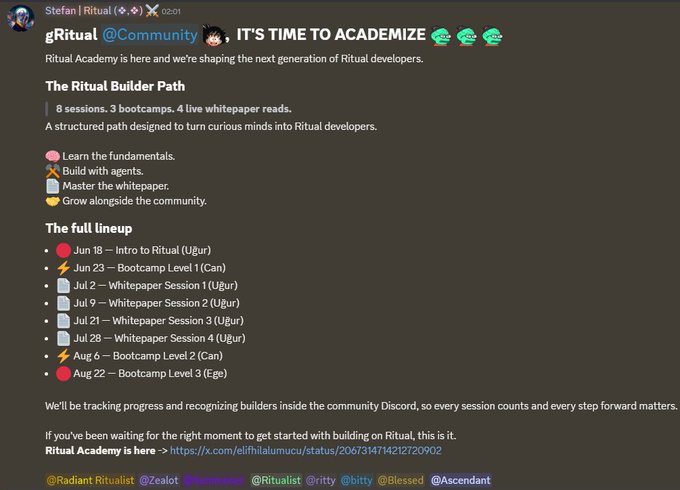 The image depicts a screenshot of a group chat with multiple participants, likely discussing an educational program related to the "@ritualnet" community or attending a Bootcamp for builders within the Ritual Academy ecosystem. The chat shows that they are sharing information about the new session schedule and learning how to build the "@ritualnet" environment through the rituals Builder Path. The main focus is on the knowledge exchange among the group members, discussing various topics such as the upcoming sessions, the program's objectives, and the available resources like the Bootcamps and Whitepapers.