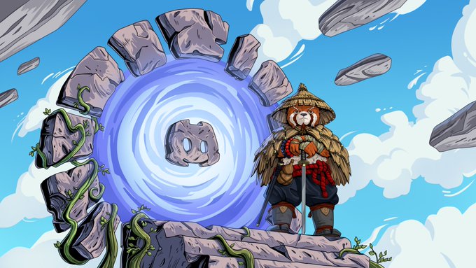 A whimsical anthropomorphic otter warrior in a straw hat and straw cape stands guard at a stone portal swirling with mystical blue energy, flanked by floating rocks and a small stone golem—evoking a guardian watching over a magical threshold for those deemed worthy. The image visually reinforces the post's theme of a "Guardian" at a mystical gateway, with the floating apply link suggesting an entrance to a new community or chapter.