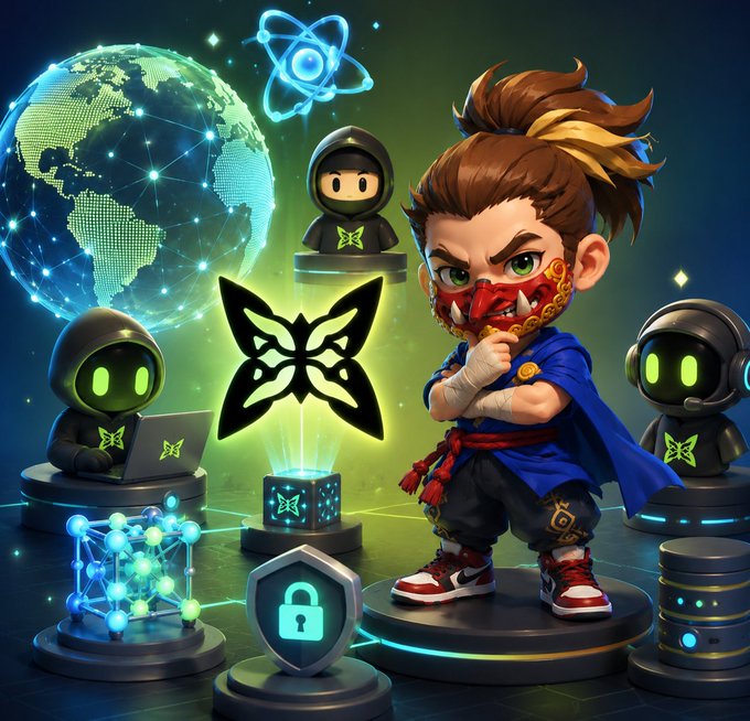 A digital illustration featuring a chibi-style martial artist character surrounded by hooded figures with glowing green eyes, a glowing globe, an atom symbol, and a holographic butterfly logo.