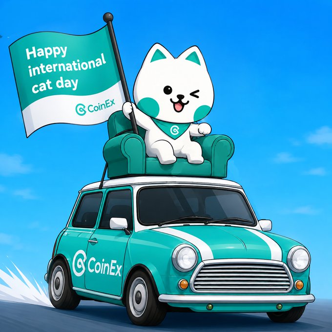 A cheerful white cat mascot with a CoinEx bandana sits on a teal armchair mounted on a teal and white "CoinEx" Mini Cooper-style car, waving a "Happy international cat day" flag against a blue sky.