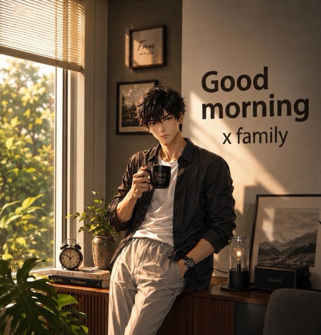 An anime-style illustration of a young man holding a mug in a sunlit room, accompanied by the text 'Good morning x family'.