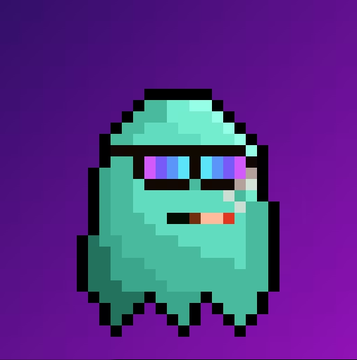 A small pixel art ghost character in teal with purple eyes and a red tongue, set against a dark purple background.