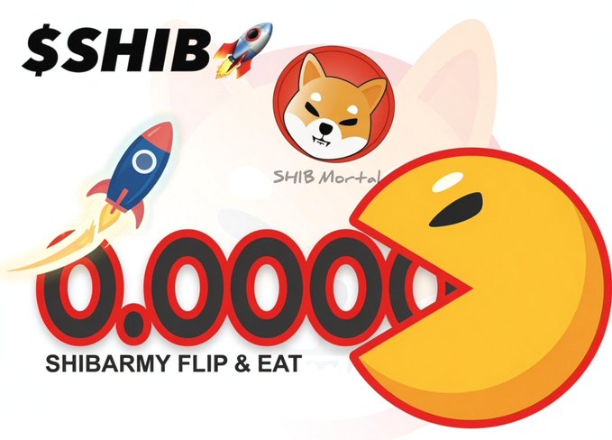 The image is a promotional graphic featuring "$SHIB" text, a rocket ship, and a Shiba Inu logo alongside a large "0.0000" figure and a yellow Pac-Man-like character with the caption "SHIBARMY FLIP & EAT." It visually represents the optimistic, meme-style hype around Shiba Inu ($SHIB) potentially reaching $0.1, using rocket imagery to symbolize the "to the moon" sentiment expressed in the post.