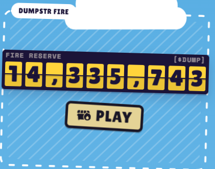 A pixelated counter display shows a "FIRE RESERVE" tally of 14,335,743 with a "$DUMP" button and a "PLAY" button below it, visually representing the accumulation of $DUMP tokens while prompting the playful question of when the fire (token reserve) will be "dumped."