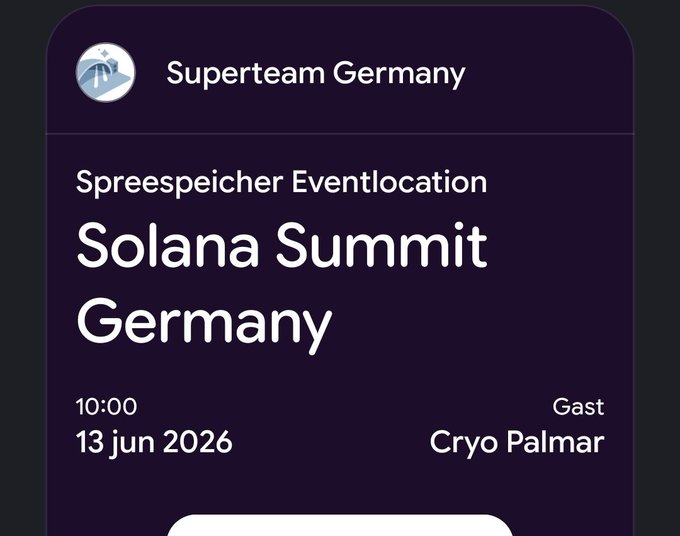 The image features a purple background with white text that reads "Solana Summit Germany". The text also includes the dates of the event, which are 10:00-10:00 June 2026.