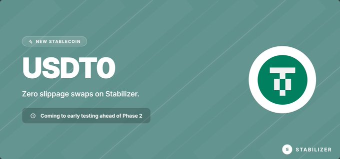 A promotional graphic for 'USDT0', a new stablecoin offering zero slippage swaps on Stabilizer, featuring a green logo.