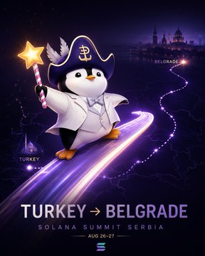 Promotional poster for the 'Turkey → Belgrade' Solana Summit Serbia on Aug 26-27, featuring a cartoon penguin dressed as a wizard holding a star wand above a map showing the route.