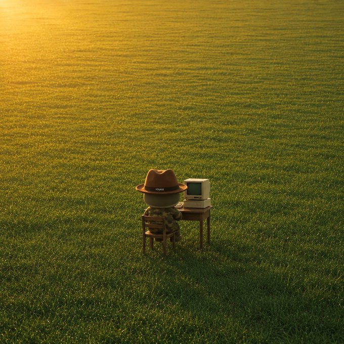 A small figurine wearing a brown hat with "POLICE" written on it sits at a tiny wooden desk with a vintage computer in a vast grassy field illuminated by warm golden sunlight.