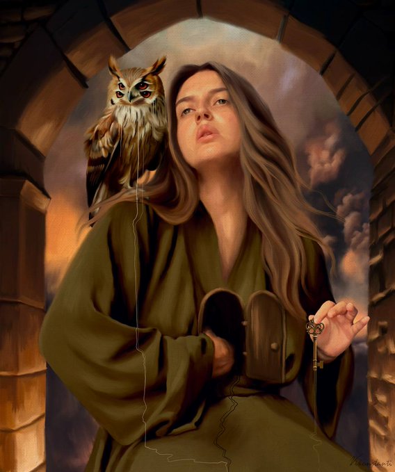 A digital painting depicting a woman with long brown hair wearing an olive-green robe, holding a small wooden chest and an ornate key, with an owl perched on her shoulder, framed by a stone archway.