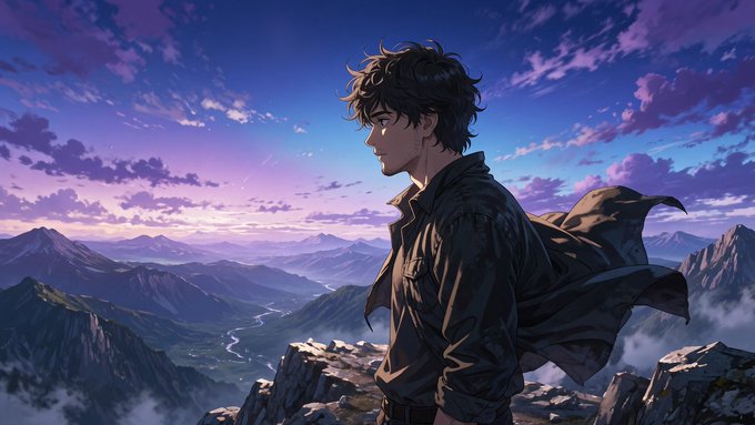 An anime-style illustration shows a young man with dark hair in a black jacket standing on a mountain peak overlooking a vast valley and mountain range at twilight under a purple and pink sky.