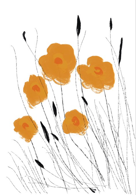 An artistic illustration featuring vibrant orange blooms with delicate, sketchy black stems and seed pods against a white background.
